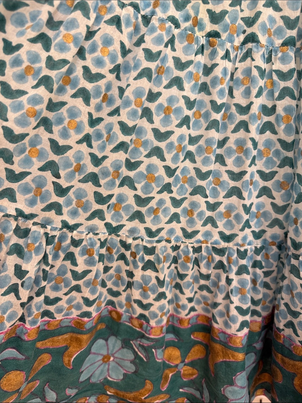 Oliphant Aqua/Blue/Teal/White Smocked Flutter Sleeve Dress w/ Metallic Accents - Picture 4 of 5